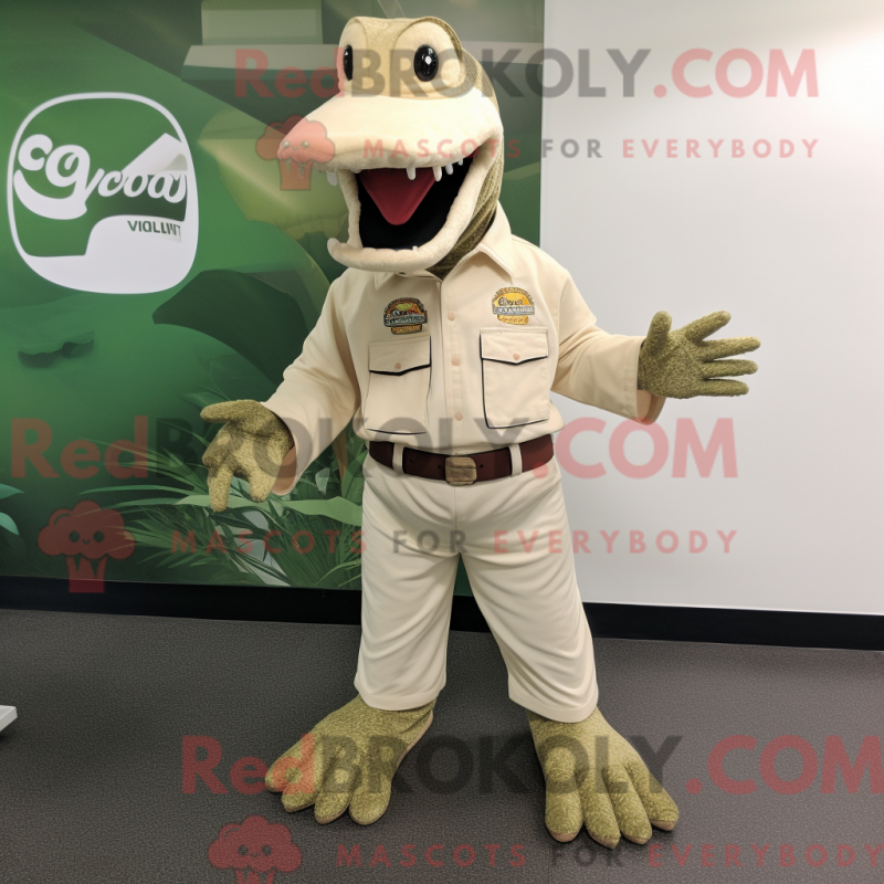 Mascot character of a Cream Crocodile dressed with a Bootcut Jeans and Lapel pins Mascot character of a Cream Crocodile dressed with a Bootcut Jeans and Lapel pins