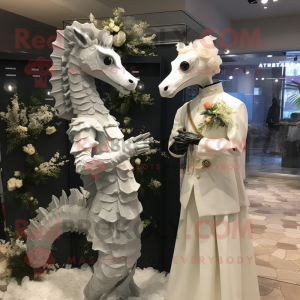 Gray Sea Horse mascot costume character dressed with a Wedding Dress and Watches