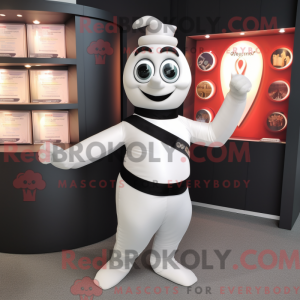Mascot character of a White Contortionist dressed with a Waistcoat and Belts