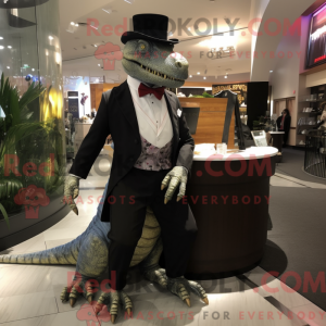 Mascot character of a Iguanodon dressed with a Tuxedo and Shoe clips