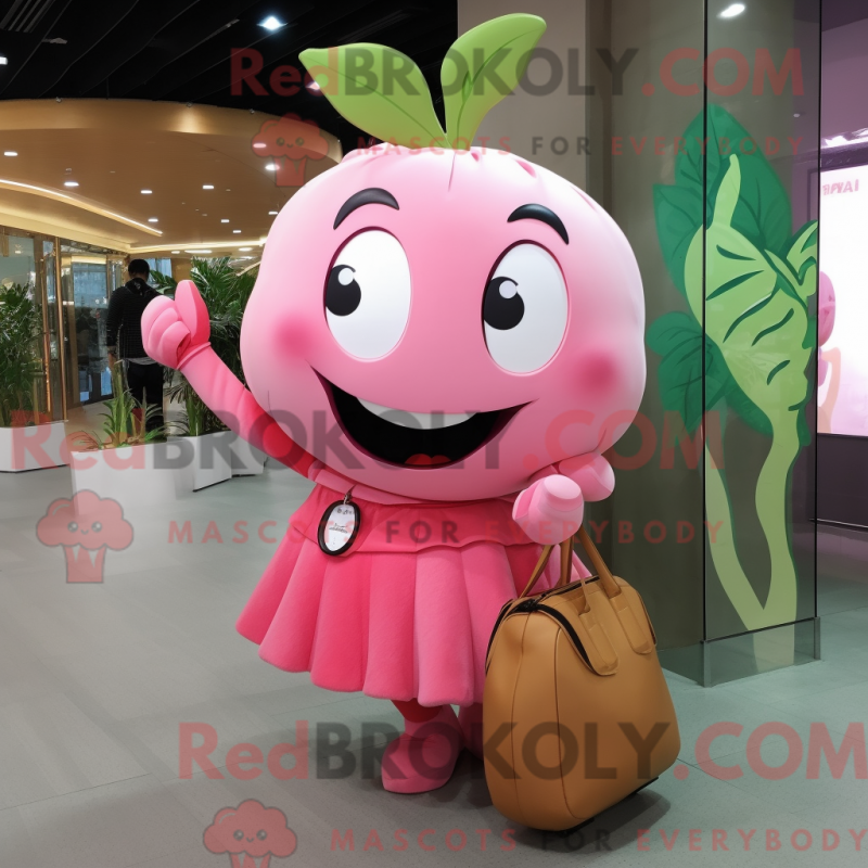 Mascot character of a Pink Apple dressed with a Wrap Skirt and Messenger bags Mascot character of a Pink Apple dressed with a Wrap Skirt and Messenger bags
