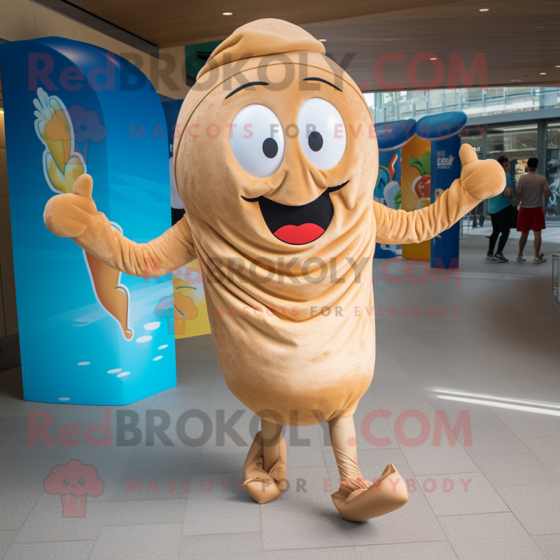 Tan Croissant mascot costume character dressed with a Swimwear and Shoe laces Tan Croissant mascot costume character dressed with a Swimwear and Shoe laces