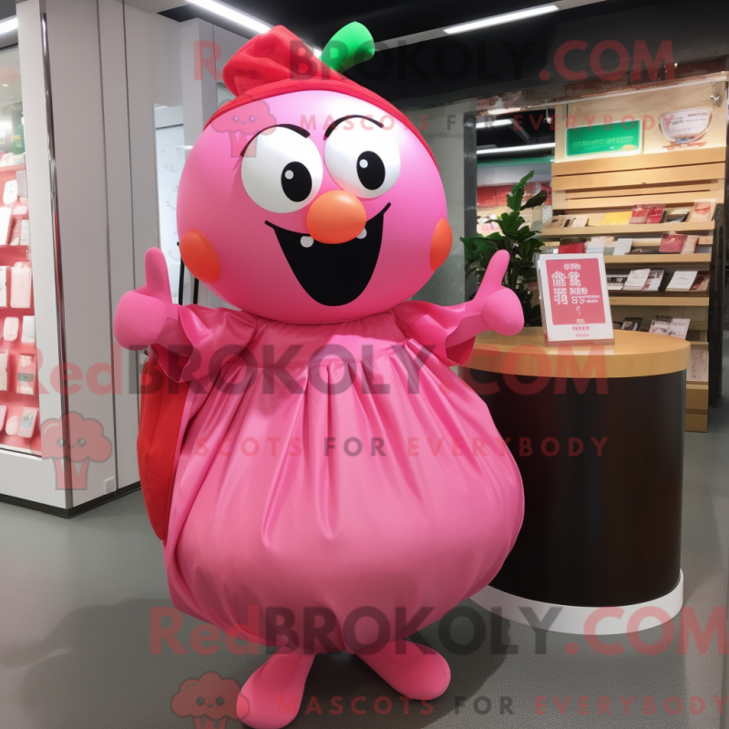 Mascot character of a Pink Apple dressed with a Wrap Skirt and Messenger bags Mascot character of a Pink Apple dressed with a Wrap Skirt and Messenger bags