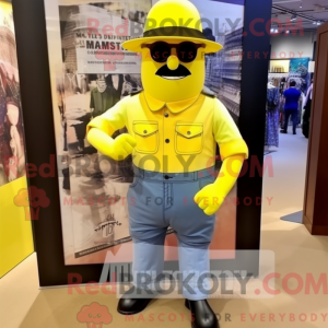 Mascot character of a Lemon Yellow Civil War Soldier dressed with a Boyfriend Jeans and Sunglasses