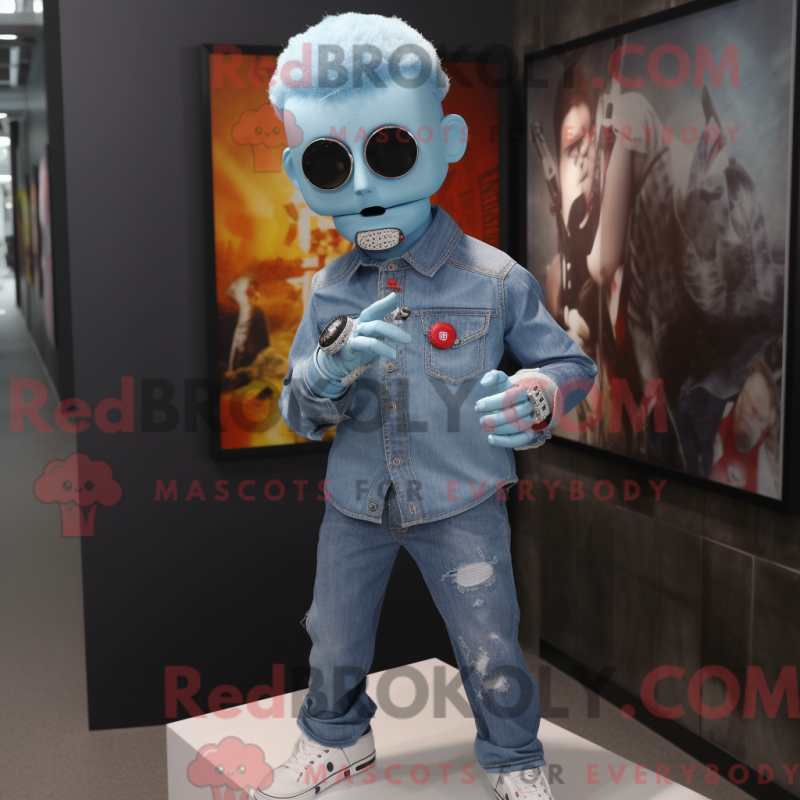 Mascot character of a Sky Blue Undead dressed with a Chambray Shirt and Digital watches Mascot character of a Sky Blue Undead dressed with a Chambray Shirt and Digital watches