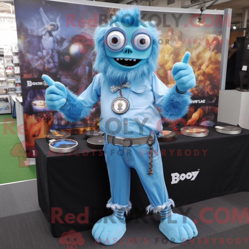 Mascot character of a Sky Blue Undead dressed with a Chambray Shirt and Digital watches Mascot character of a Sky Blue Undead dressed with a Chambray Shirt and Digital watches