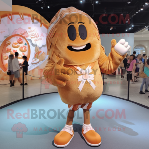 Tan Croissant mascot costume character dressed with a Swimwear and Shoe laces