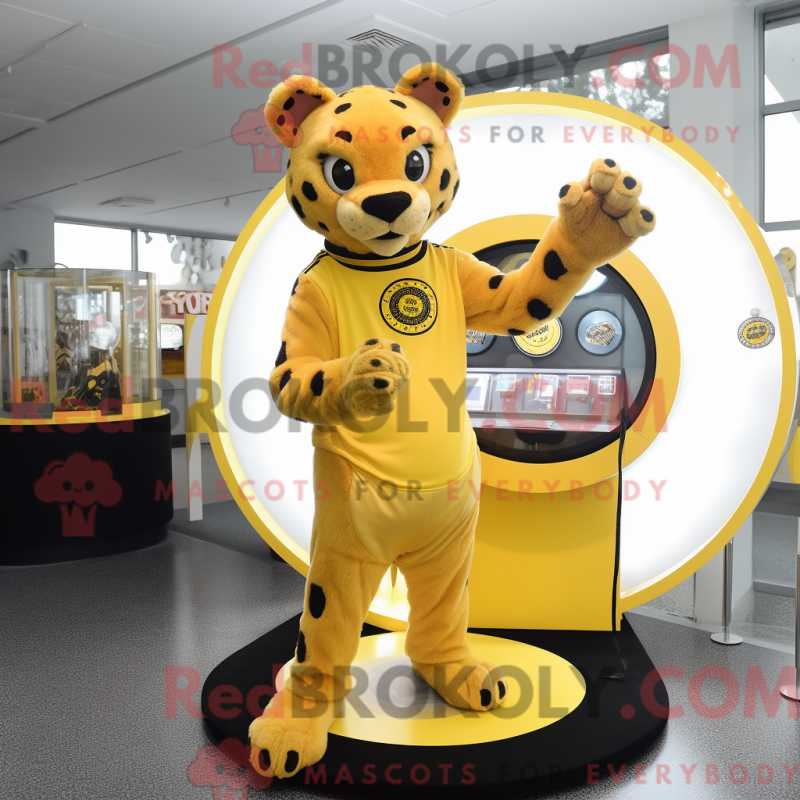 Mascot character of a Yellow Panther dressed with a Circle Skirt and Watches Mascot character of a Yellow Panther dressed with a Circle Skirt and Watches
