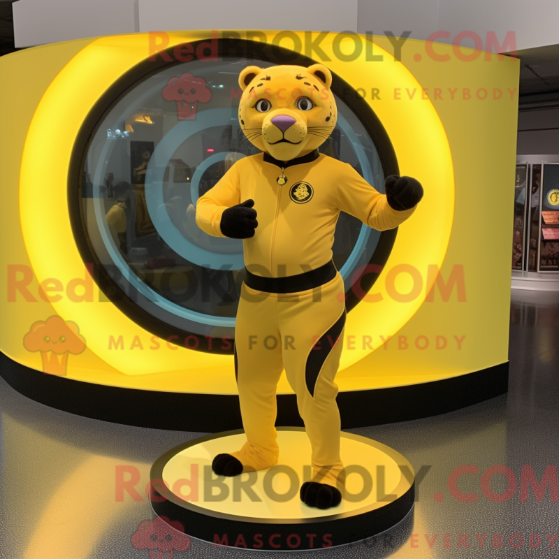 Mascot character of a Yellow Panther dressed with a Circle Skirt and Watches Mascot character of a Yellow Panther dressed with a Circle Skirt and Watches