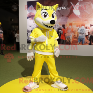 Mascot character of a Lemon Yellow Wolf dressed with a Graphic Tee and Shoe laces