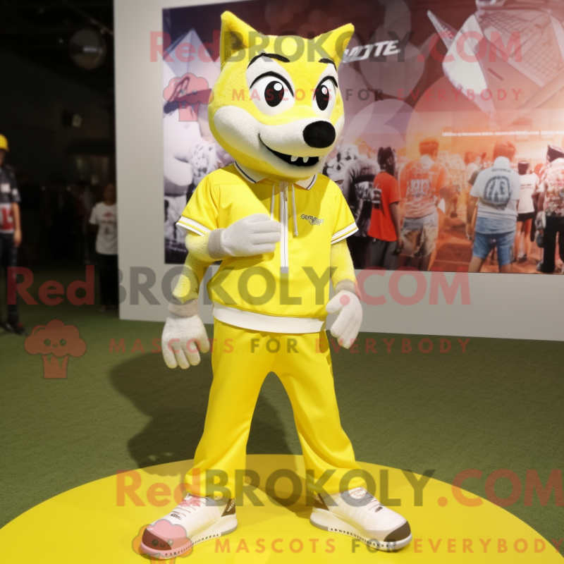 Mascot character of a Lemon Yellow Wolf dressed with a Graphic Tee and Shoe laces Mascot character of a Lemon Yellow Wolf dressed with a Graphic Tee and Shoe laces