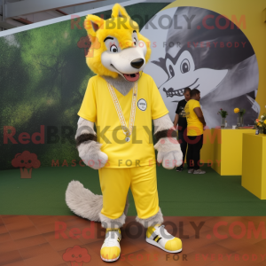 Mascot character of a Lemon Yellow Wolf dressed with a Graphic Tee and Shoe laces