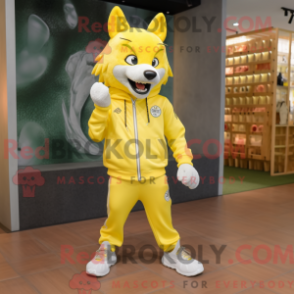Mascot character of a Lemon Yellow Wolf dressed with a Graphic Tee and Shoe laces