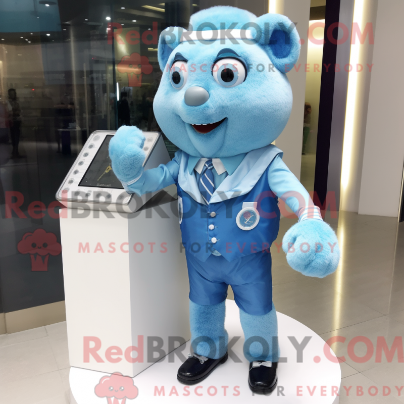 Mascot character of a Sky Blue Ray dressed with a Waistcoat and Bracelet watches Mascot character of a Sky Blue Ray dressed with a Waistcoat and Bracelet watches