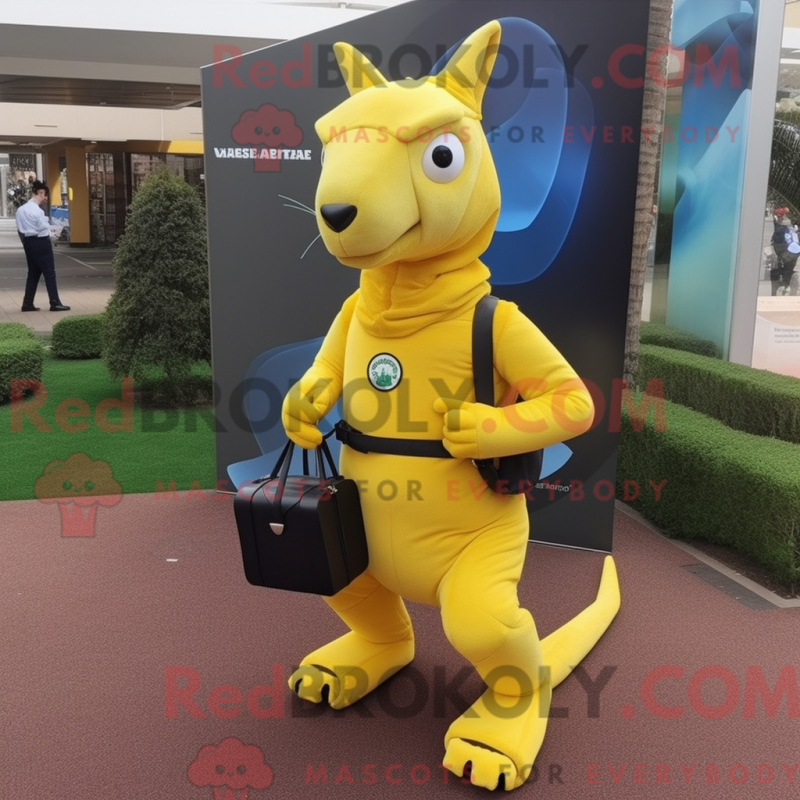 Mascot character of a Lemon Yellow Kangaroo dressed with a Turtleneck and Messenger bags Mascot character of a Lemon Yellow Kangaroo dressed with a Turtleneck and Messenger bags