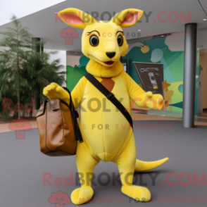 Mascot character of a Lemon Yellow Kangaroo dressed with a Turtleneck and Messenger bags