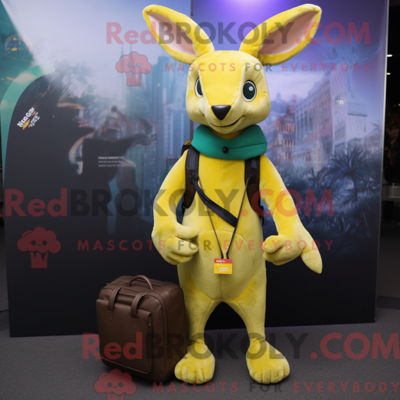 Mascot character of a Lemon Yellow Kangaroo dressed with a Turtleneck and Messenger bags Mascot character of a Lemon Yellow Kangaroo dressed with a Turtleneck and Messenger bags