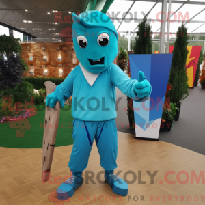 Mascot character of a Turquoise Knife Thrower dressed with a Joggers and Clutch bags