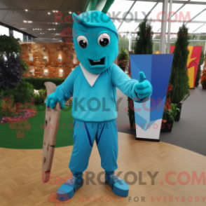Mascot character of a Turquoise Knife Thrower dressed with a Joggers and Clutch bags