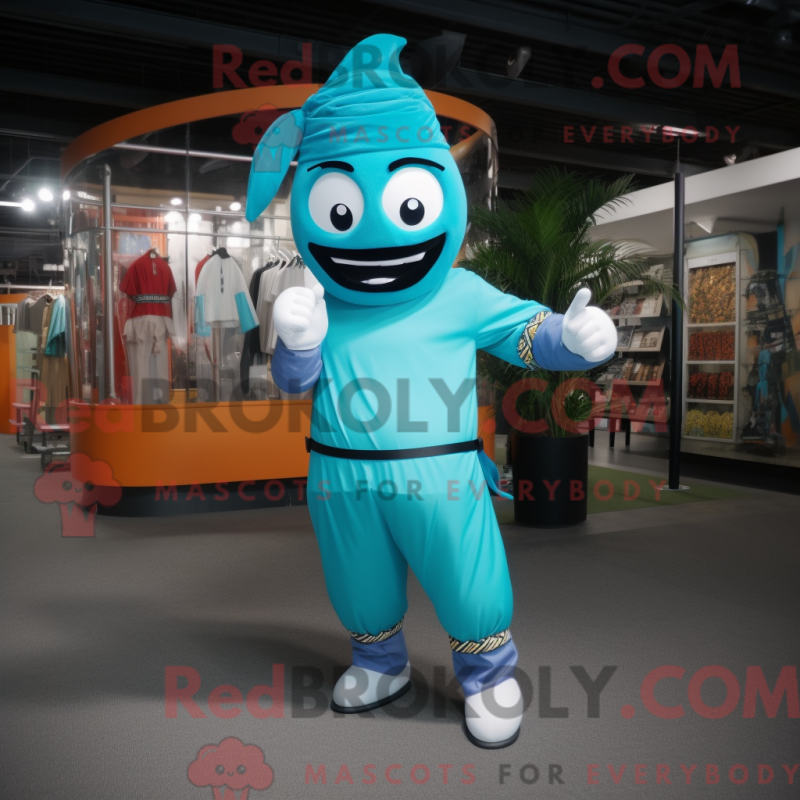 Mascot character of a Turquoise Knife Thrower dressed with a Joggers and Clutch bags Mascot character of a Turquoise Knife Thrower dressed with a Joggers and Clutch bags