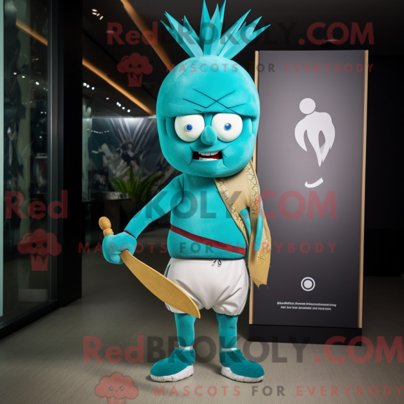 Mascot character of a Turquoise Knife Thrower dressed with a Joggers and Clutch bags Mascot character of a Turquoise Knife Thrower dressed with a Joggers and Clutch bags