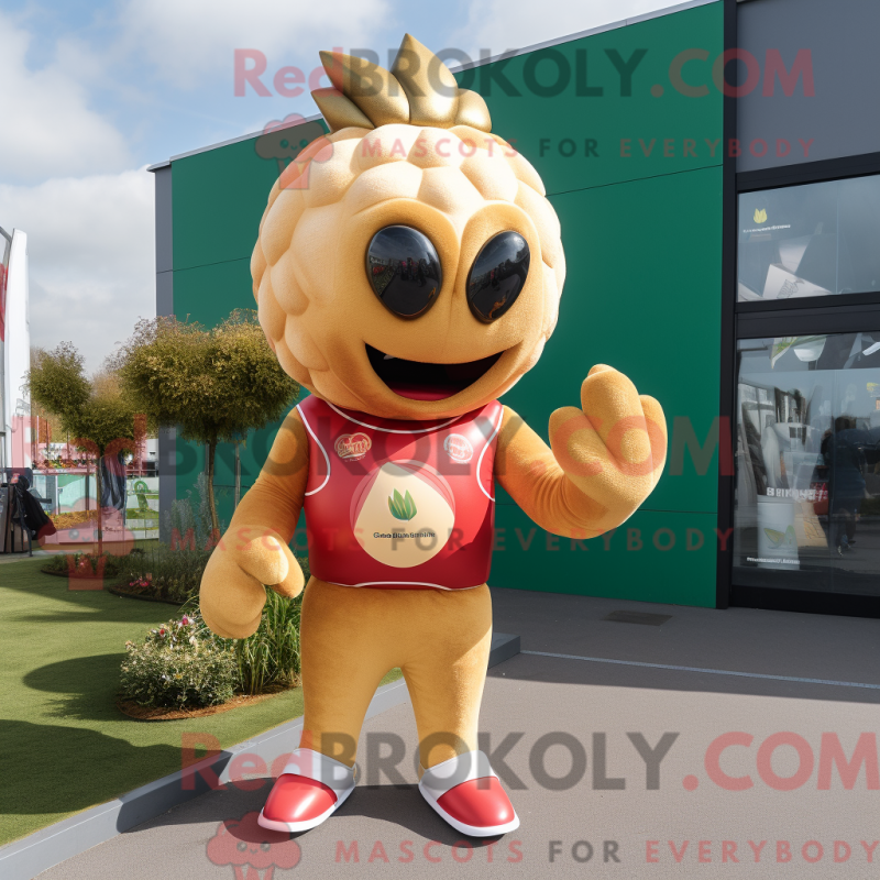 Mascot character of a Gold Strawberry dressed with a Rugby Shirt and Gloves Mascot character of a Gold Strawberry dressed with a Rugby Shirt and Gloves