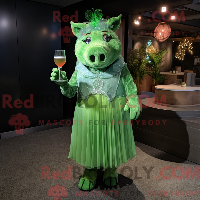 Mascot character of a Green Sow dressed with a Cocktail Dress and Earrings Mascot character of a Green Sow dressed with a Cocktail Dress and Earrings