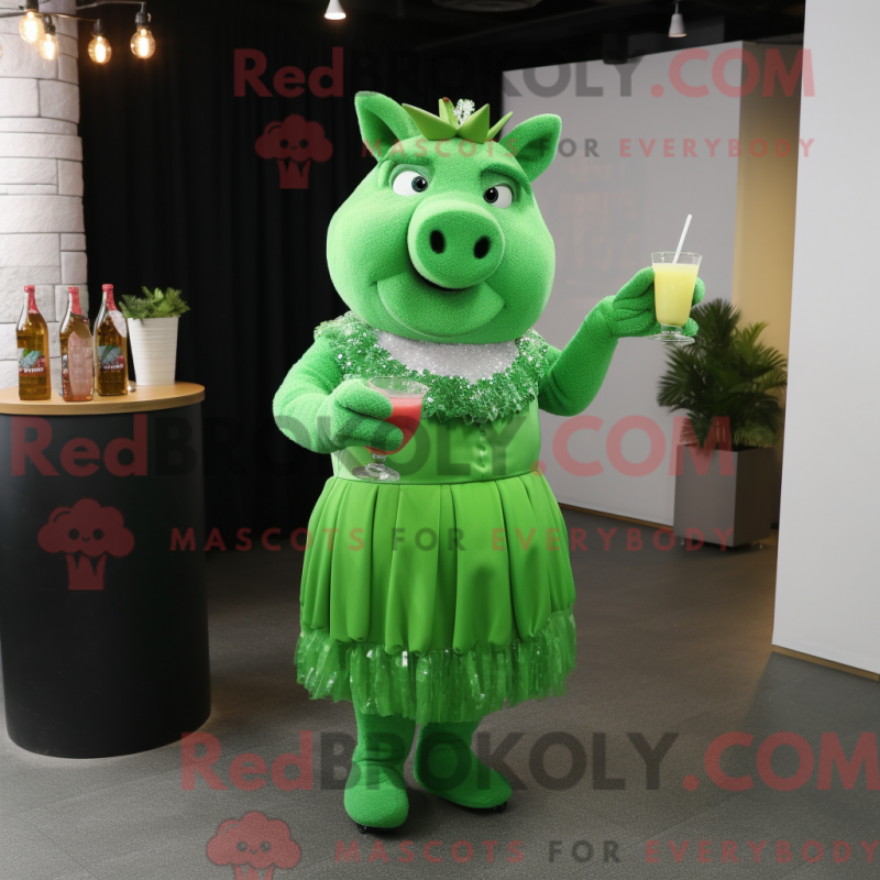 Mascot character of a Green Sow dressed with a Cocktail Dress and Earrings Mascot character of a Green Sow dressed with a Cocktail Dress and Earrings