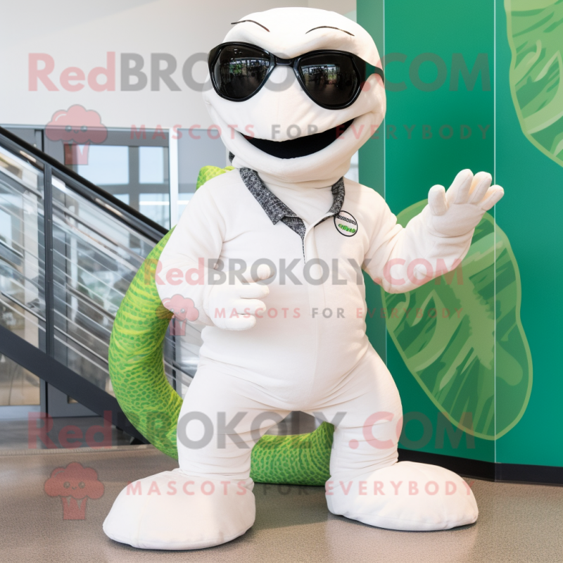 White Titanoboa mascot costume character dressed with a Romper and Sunglasses White Titanoboa mascot costume character dressed with a Romper and Sunglasses