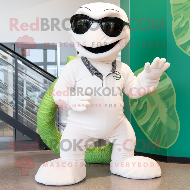 White Titanoboa mascot costume character dressed with a Romper and Sunglasses