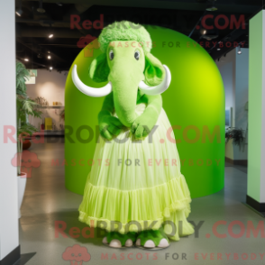 Mascot character of a Lime Green Mammoth dressed with a Wedding Dress and Hair clips