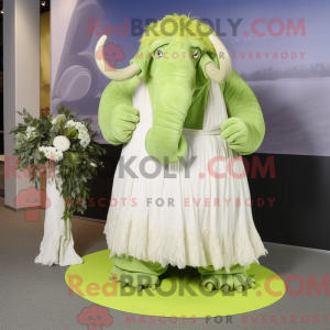 Mascot character of a Lime Green Mammoth dressed with a Wedding Dress and Hair clips