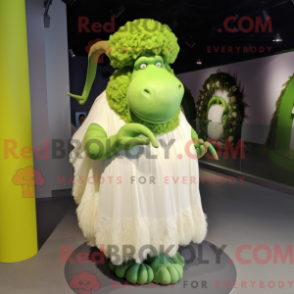 Mascot character of a Lime Green Mammoth dressed with a Wedding Dress and Hair clips