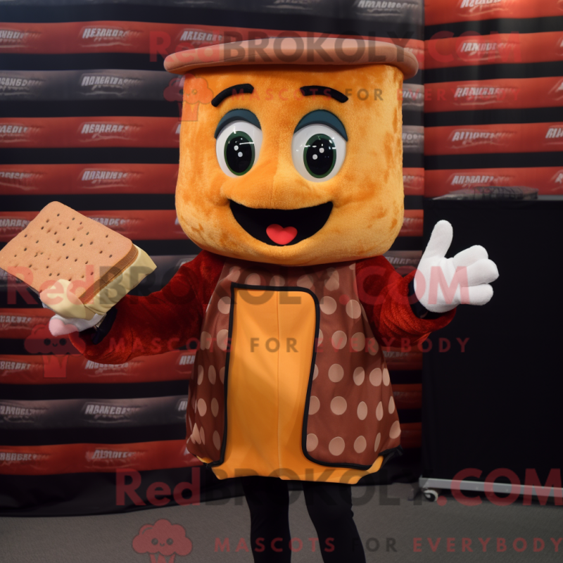Mascot character of a Rust Grilled Cheese Sandwich dressed with a Jacket and Caps Mascot character of a Rust Grilled Cheese Sandwich dressed with a Jacket and Caps