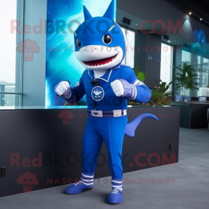 Blue Shark mascot costume character dressed with a Suit and Smartwatches