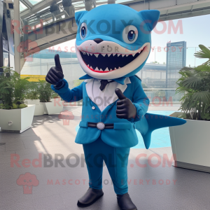 Blue Shark mascot costume character dressed with a Suit and Smartwatches