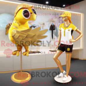 Mascot character of a Gold Pigeon dressed with a One-Piece Swimsuit and Hairpins