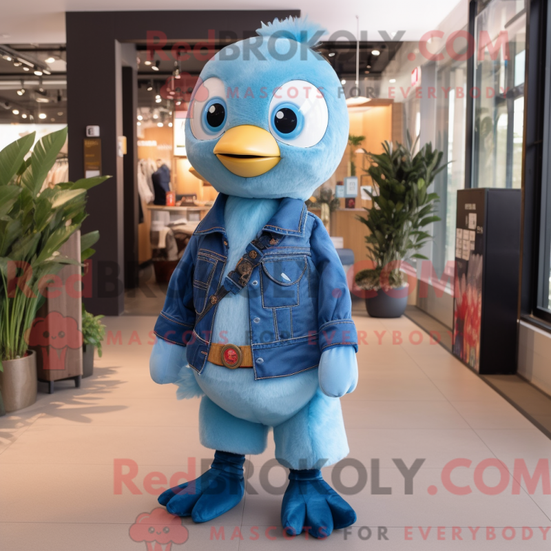 Mascot character of a Sky Blue Gosling dressed with a Flare Jeans and Brooches Mascot character of a Sky Blue Gosling dressed with a Flare Jeans and Brooches