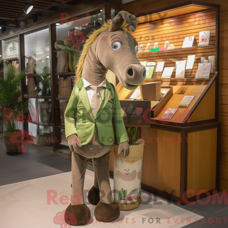 Mascot character of a Olive Horse dressed with a Suit Jacket and Coin purses Mascot character of a Olive Horse dressed with a Suit Jacket and Coin purses