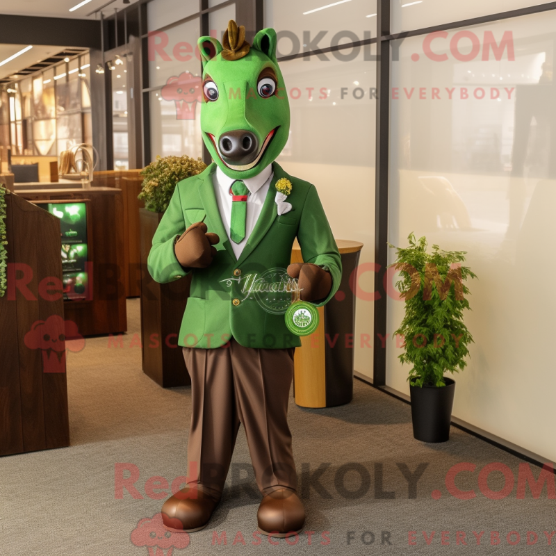 Mascot character of a Olive Horse dressed with a Suit Jacket and Coin purses Mascot character of a Olive Horse dressed with a Suit Jacket and Coin purses