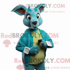 Mascot character of a Turquoise Kangaroo dressed with a Sweater and Smartwatches
