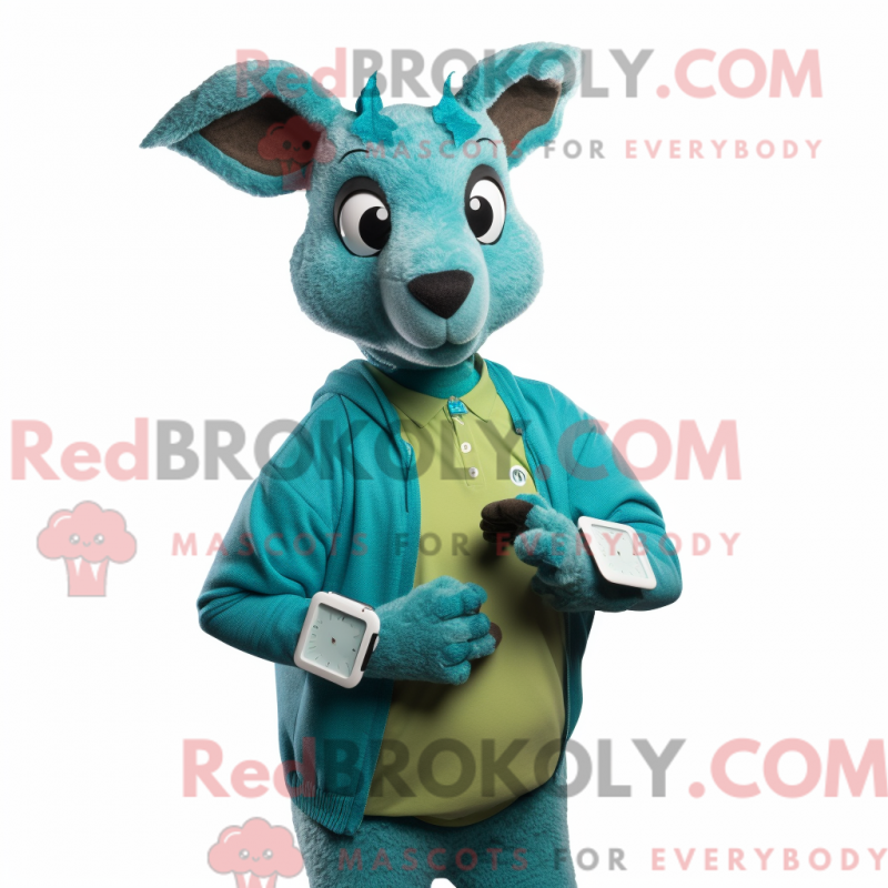 Mascot character of a Turquoise Kangaroo dressed with a Sweater and Smartwatches
