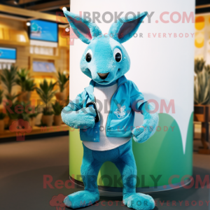 Mascot character of a Turquoise Kangaroo dressed with a Sweater and Smartwatches
