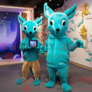 Mascot character of a Turquoise Kangaroo dressed with a Sweater and Smartwatches