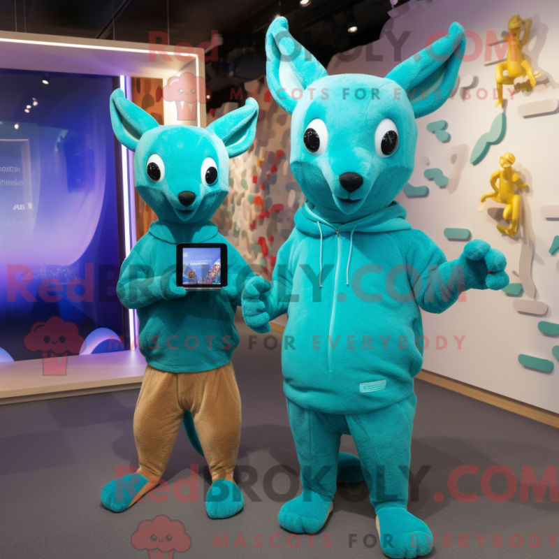 Mascot character of a Turquoise Kangaroo dressed with a Sweater and Smartwatches