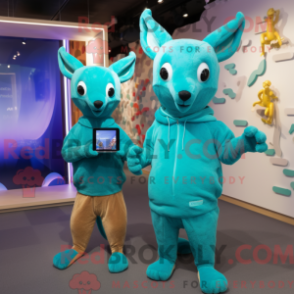 Mascot character of a Turquoise Kangaroo dressed with a Sweater and Smartwatches