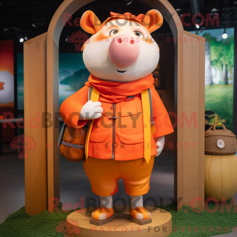 Mascot character of a Orange Sow dressed with a Cargo Shorts and Shawl pins Mascot character of a Orange Sow dressed with a Cargo Shorts and Shawl pins