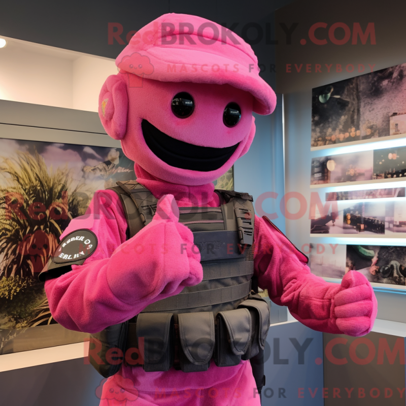 Mascot character of a Pink Commando dressed with a Vest and Gloves Mascot character of a Pink Commando dressed with a Vest and Gloves