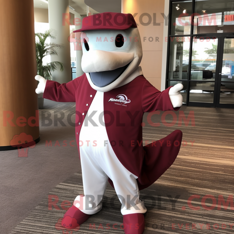 Mascot character of a Maroon Dolphin dressed with a Dress Shirt and Lapel pins