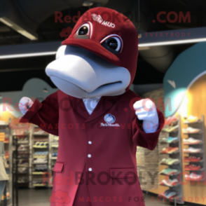 Mascot character of a Maroon Dolphin dressed with a Dress Shirt and Lapel pins